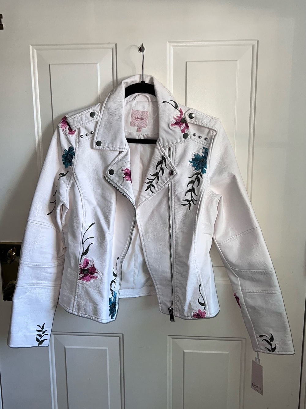 Candie’s White Floral Embroidered Moto Jacket - Women